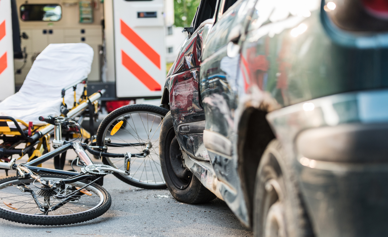 Accident Car Crash With Bicycle On Road