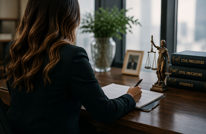 Back-view of a lawyer in a blazer writing on a document at a wooden desk with legal books and a statue of justice nearby.