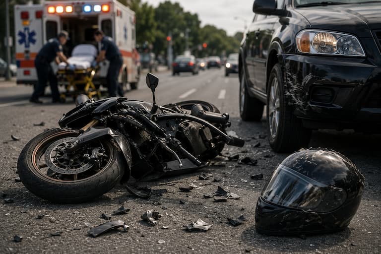 Motorcycle crashed on its side in the street with debris around, emergency responders and an ambulance in the background.