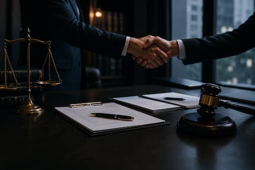 Two professionals shake hands over a desk with legal documents, scales, and a gavel in a law office setting.