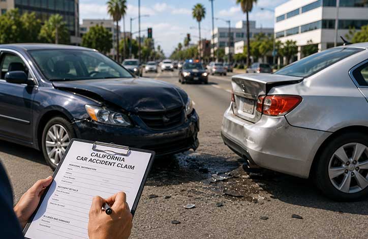 California car accident scene involving two vehicles after a collision on a busy roadway