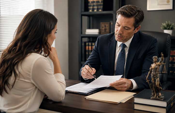 California personal injury attorney reviewing accident claim documents with injured client.