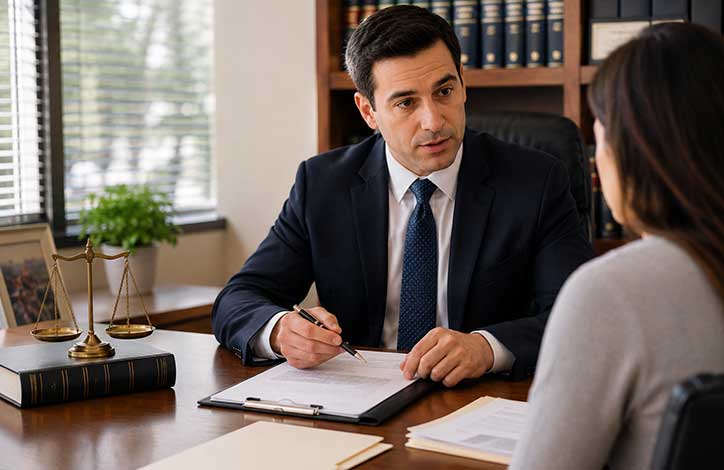 Lawyer discussing and signing documents with a client in a law office, scales of justice on the desk.