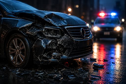 Damaged dark sedan with a crumpled front end on a wet city street at night, police lights flashing in the background.