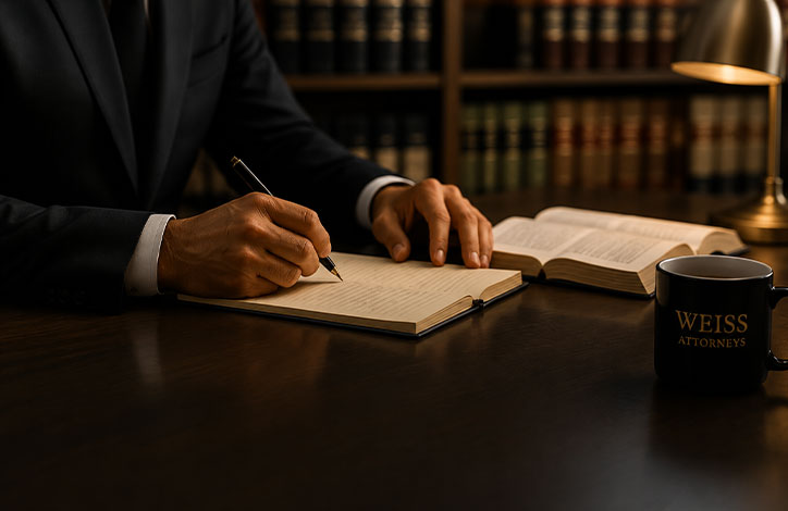 Lawyer signs papers at a desk with law books in the background.
