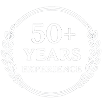 White circular badge with laurel wreath and the text '50+ Years Experience' indicating decades of experience in the field.