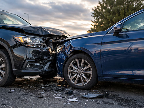 Two cars collide head-on, with severely damaged fronts and debris on the road at an outdoor scene.