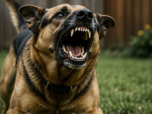 Close-up of a brown and black dog snarling with its mouth wide open, showing sharp teeth in a yard.