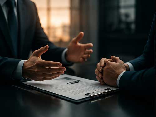 Two professionals in suits discuss terms at a desk with a contract on a clipboard in front of them, gesturing as they talk.