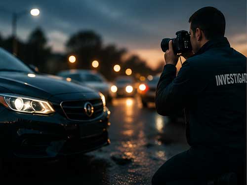 Investigator with a camera crouches beside a dark car at night, filming a lineup of headlights on a wet street.