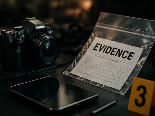 Desk with a Canon camera, a smartphone, a stylus, and a clear evidence display labeled 'EVIDENCE' beside a yellow marker '3'—scene of an investigation setup