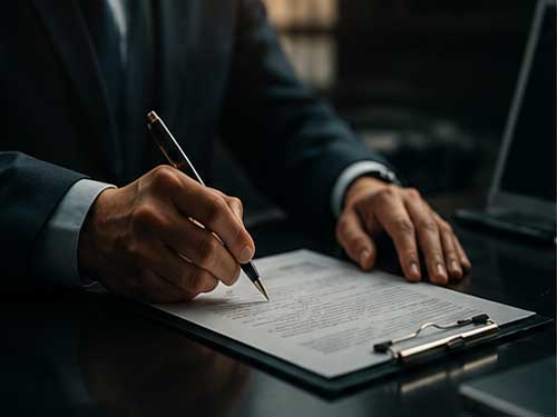 Person signing a document with a pen on a clipboard at a dark desk, laptop nearby in a professional setting.