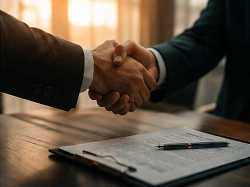 Two professionals shake hands over a signed contract on a wooden desk, with a pen resting nearby.