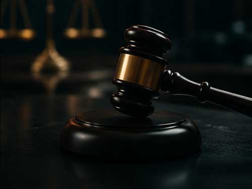 Close-up of a judge's gavel resting on a sound block with blurred scales of justice in the background, symbolizing law and order.