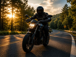 Motorcyclist in full gear riding a motorcycle on a curving road at sunset with trees along the roadside.