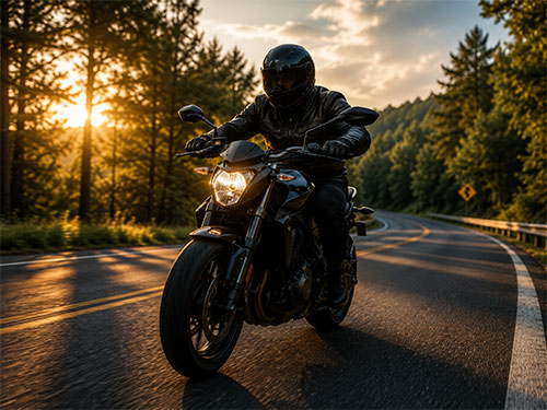 Motorcyclist in full gear riding a motorcycle on a curving road at sunset with trees along the roadside.