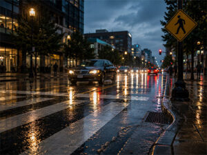 Wet city street at dusk with reflections on a zebra crossing and moving cars; a pedestrian crossing sign is visible on the right side.