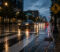 pedestrian-accident Wet city street at dusk with reflections on a zebra crossing and moving cars; a pedestrian crossing sign is visible on the right side.