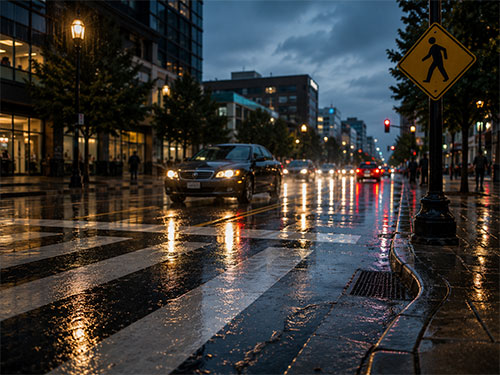 Wet city street at dusk with reflections on a zebra crossing and moving cars; a pedestrian crossing sign is visible on the right side.
