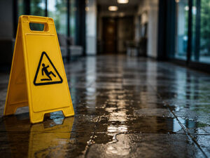 Yellow wet-floor caution sign in a hallway warning of slippery surface ahead on a glossy tiled floor