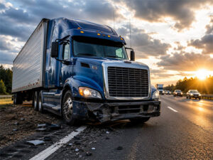 Blue semi-truck on the highway shoulder with a damaged front bumper and scattered debris at sunset.
