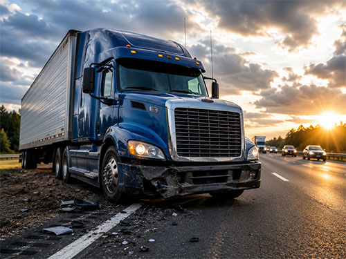 Blue semi-truck on the highway shoulder with a damaged front bumper and scattered debris at sunset.