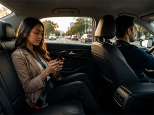 Woman in the back seat uses a smartphone while the driver sits ahead; city traffic visible outside the windows.