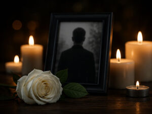 Candlelit memorial display with a framed silhouette photo and a white rose on a dark surface.
